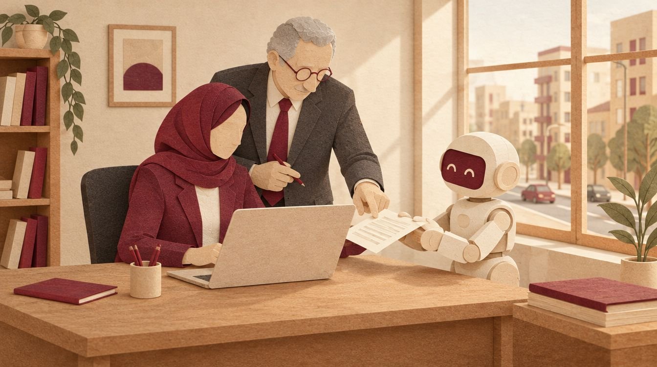 محامية شابة على اللابتوب وروبوت ورقي يسلّمها مسوّدة وخبير يشير إلى سطر